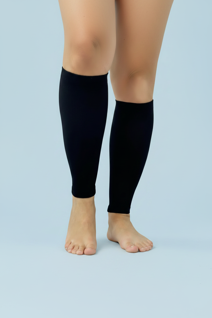 Mangas de compresión para pantorrilla negras, vista frontal, soporte deportivo y médico - VieSalud

 Compression calf sleeves, Black, front view both legs, sports and medical support for men and women - VieSalud