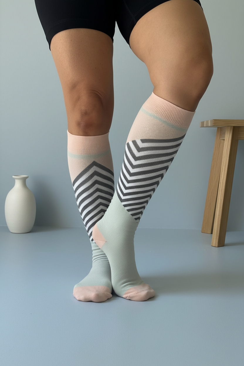 circulation cute socks pink with gray stripes frontal