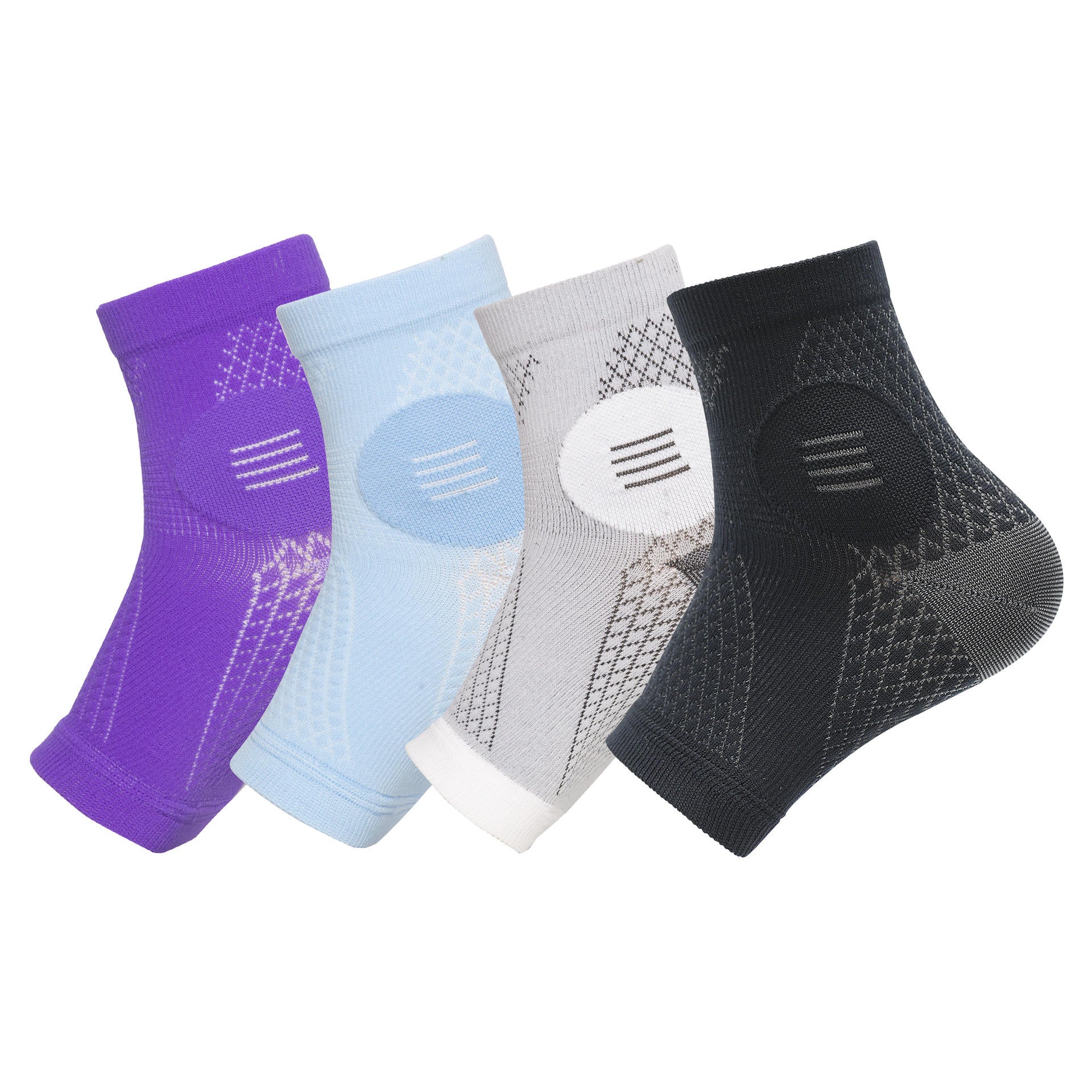 Variedad de colores en tobilleras de compresión para fascitis plantar: morado, azul claro, gris y negro. Nivel 20-30 mmHg para soporte de talón