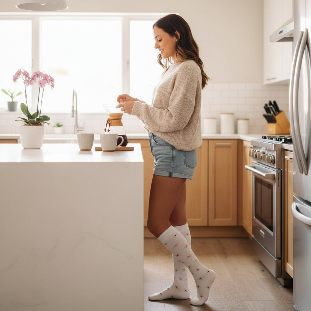 Mujer en cocina con medias White Flowers