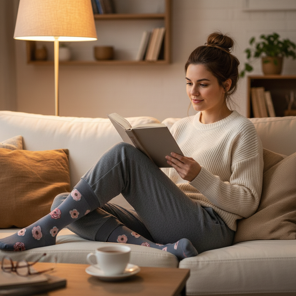 Mujer leyendo con medias Gray Pink Flowers