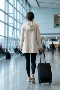 Modelo con abrigo suave y leggings en el aeropuerto