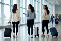 Tres amigas con leggings de Vie viajando en el aeropuerto